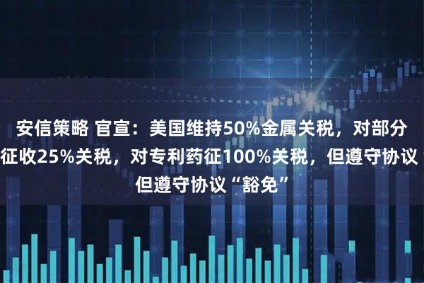 安信策略 官宣：美国维持50%金属关税，对部分制成品征收25%关税，对专利药征100%关税，但遵守协议“豁免”